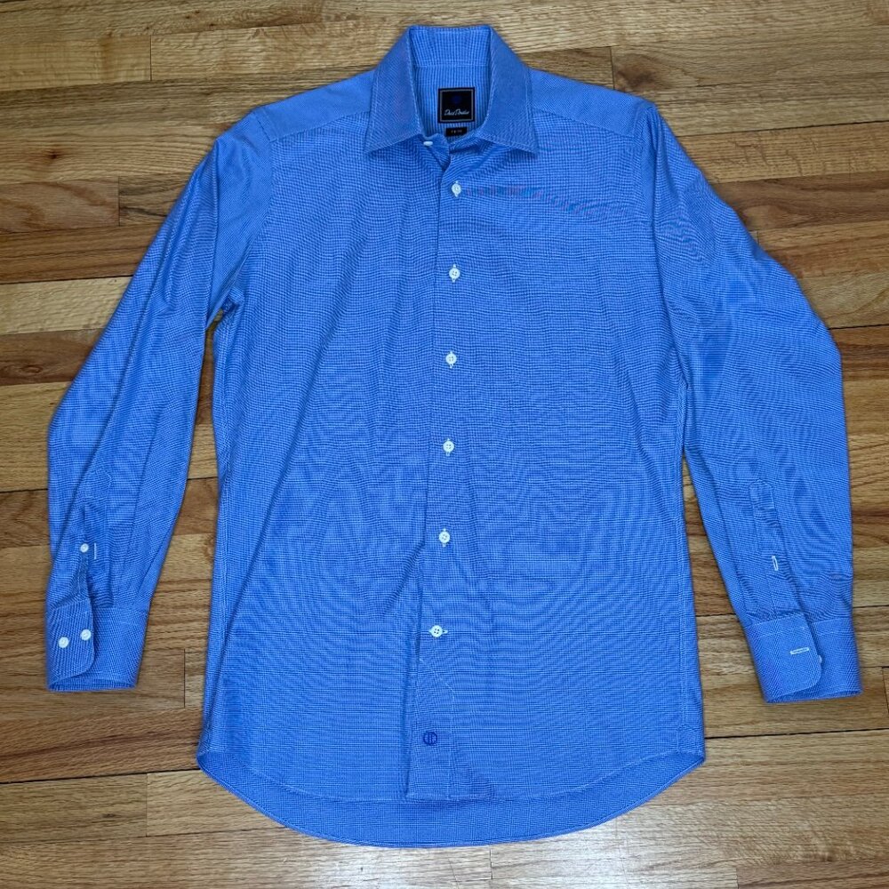 David Donahue Shirt Mens 15 32/33 Blue Micro Check Birdseye Long Sleeve Trim
